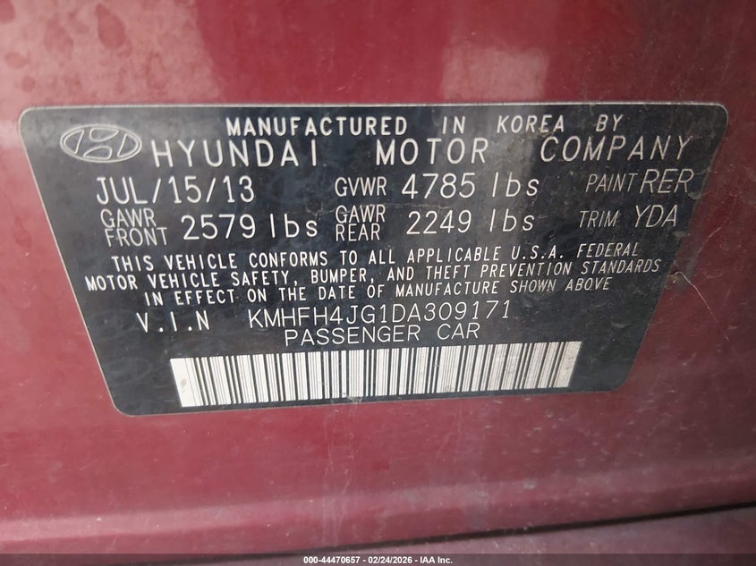2013 Hyundai Azera VIN: KMHFH4JG1DA309171 Lot: 44470657