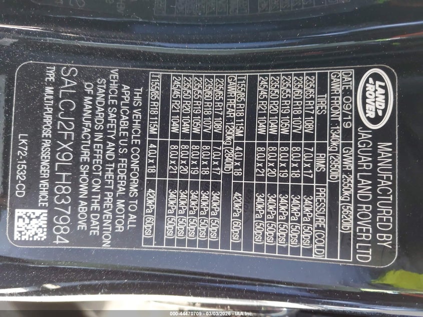 2020 Land Rover Discovery Sport S VIN: SALCJ2FX9LH837984 Lot: 44470709