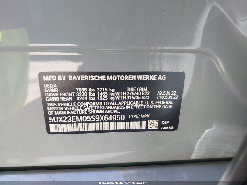 2025 BMW X7 xDrive40I VIN: 5UX23EM05S9X64950 Lot: 44470776