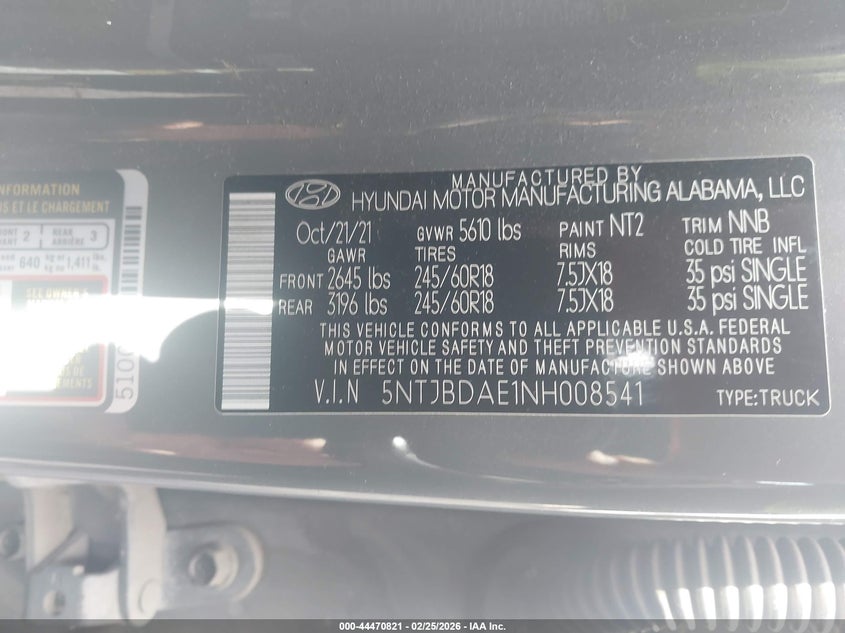 2022 HYUNDAI SANTA CRUZ 2.5L I-4 DI, DOHC, V(VIN: 5NTJBDAE1NH008541