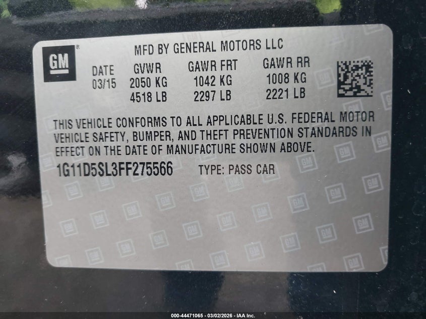 CHEVROLET MALIBU 2015 VIN 1G11D5SL3FF275566