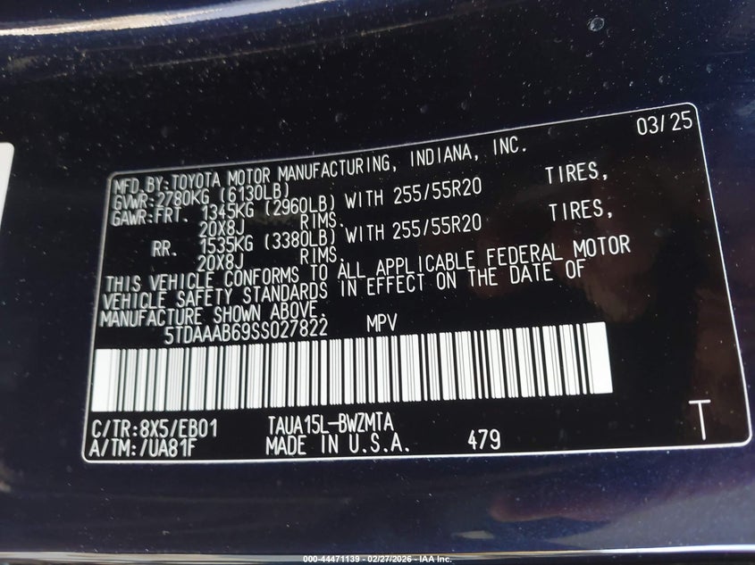 2025 Lexus Tx 350 Premium VIN: 5TDAAAB69SS027822 Lot: 44471139