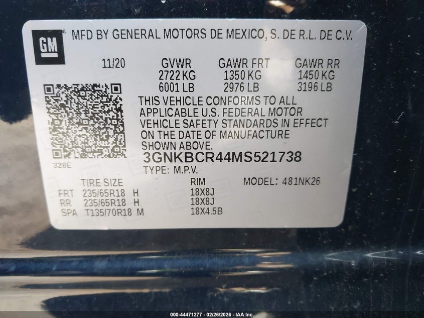2021 CHEVROLET BLAZER 2.0L I-4 DI, DOHC, V(VIN: 3GNKBCR44MS521738