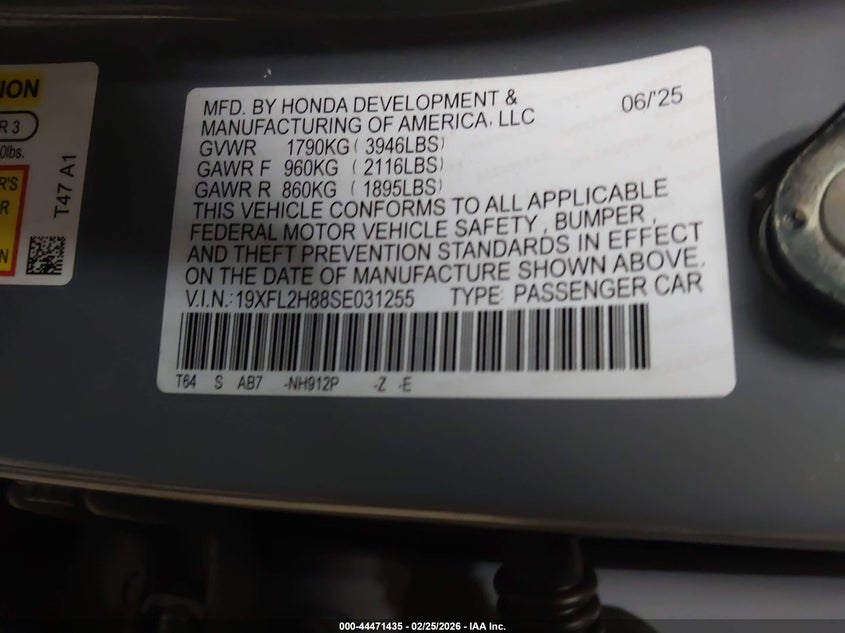 2025 HONDA CIVIC SEDAN 2.0L I-4 DI, DOHC, V(VIN: 19XFL2H88SE031255