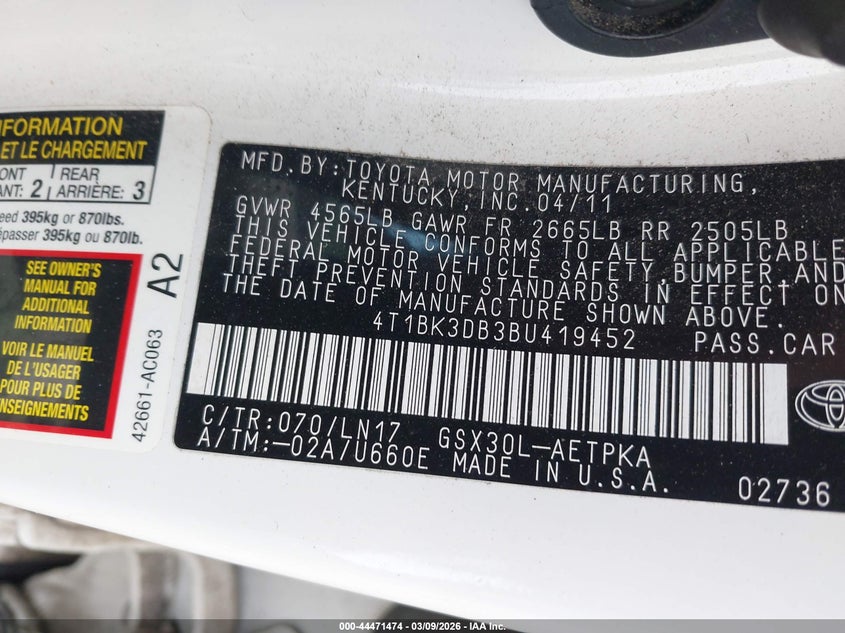 2011 Toyota Avalon Limited VIN: 4T1BK3DB3BU419452 Lot: 44471474