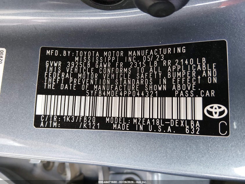 2023 Toyota Corolla 2.0 Le Blue Lot 111044471688 Vin 5YFB4MDE4PP044321