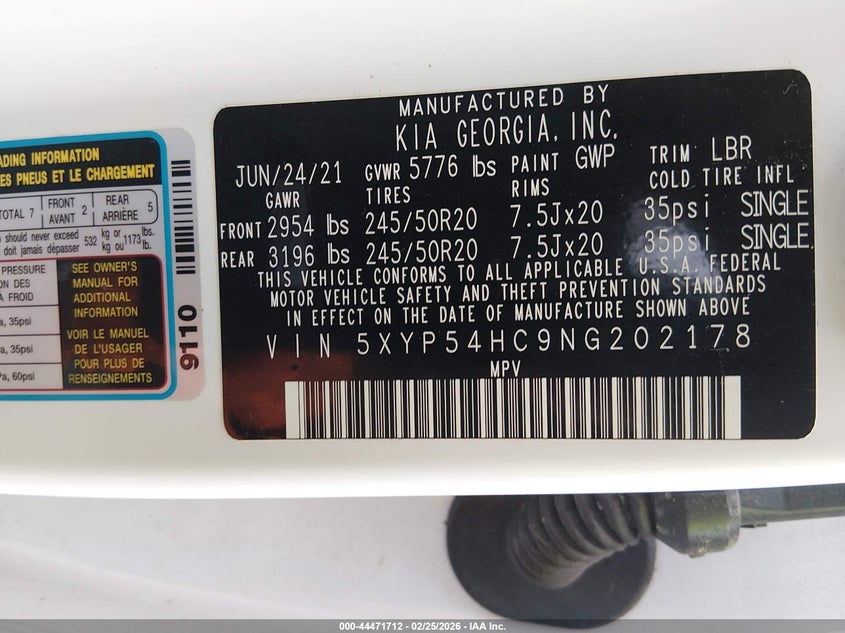 VIN 5XYP54HC9NG202178 2022 KIA TELLURIDE SX