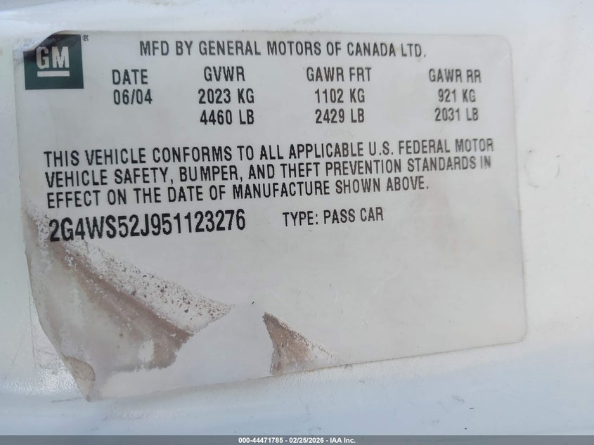 2005 Buick Century VIN: 2G4WS52J951123276 Lot: 44471785