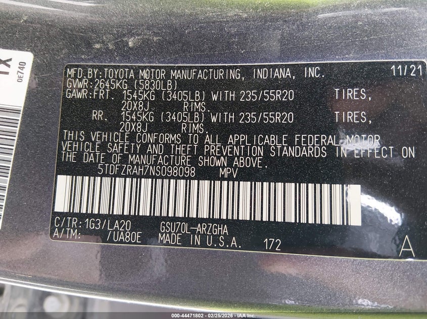 2022 TOYOTA HIGHLANDER 3.5L V-6 DI, DOHC, V(VIN: 5TDFZRAH7NS098098