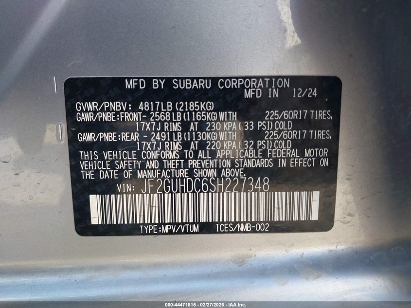 2025 SUBARU CROSSTREK 2.5L H-4 DI, DOHC, V(VIN: JF2GUHDC6SH227348