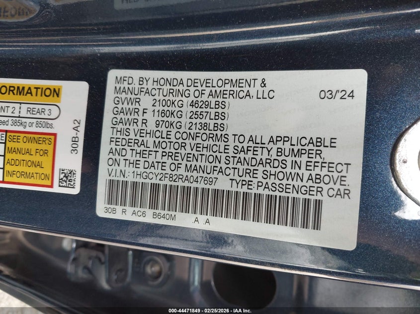 2024 HONDA ACCORD HYBRID 2.0L I-4 DI, DOHC, V(VIN: 1HGCY2F82RA047697