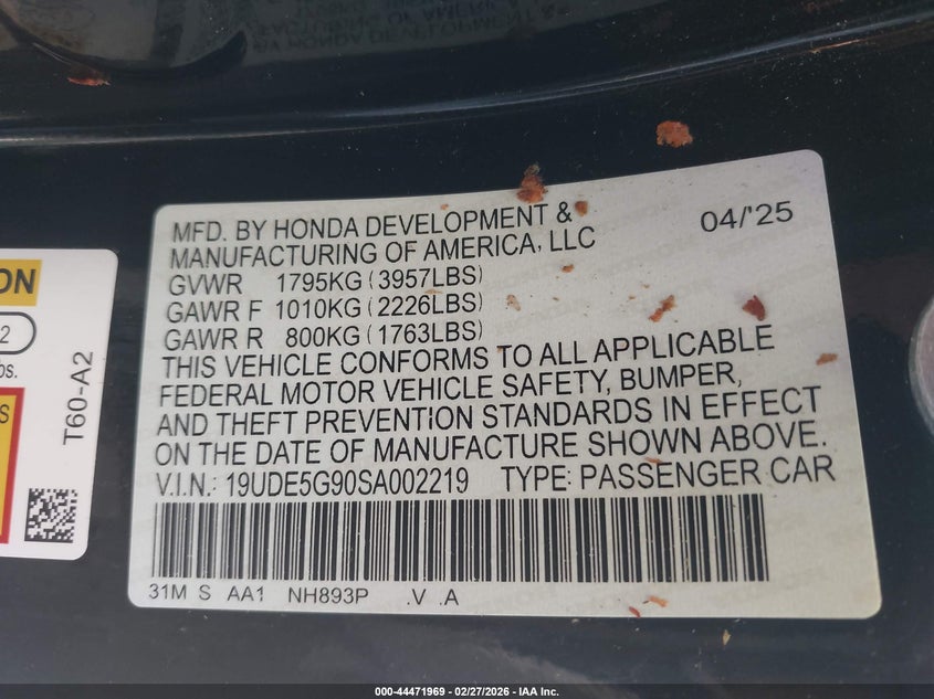 2025 Acura Integra Type S VIN: 19UDE5G90SA002219 Lot: 44471969