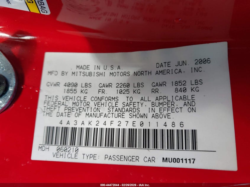 2007 Mitsubishi Eclipse Gs VIN: 4A3AK24F27E011486 Lot: 44472044