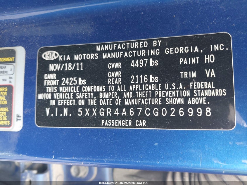 2012 KIA OPTIMA SEDAN 2.0L I-4 DI, DOHC, VVT, TURBO, 274HP