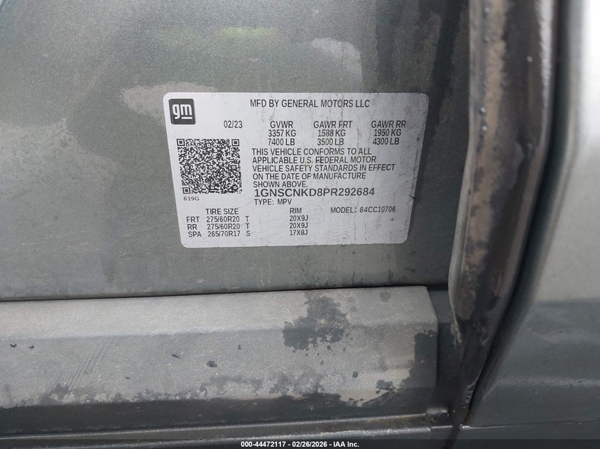2023 CHEVROLET TAHOE 5.3L V-8 DI, VVT, 35(VIN: 1GNSCNKD8PR292684