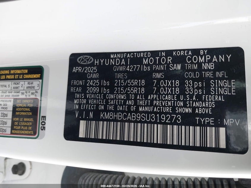 2025 Hyundai Kona Sel VIN: KM8HBCAB9SU319273 Lot: 44472158