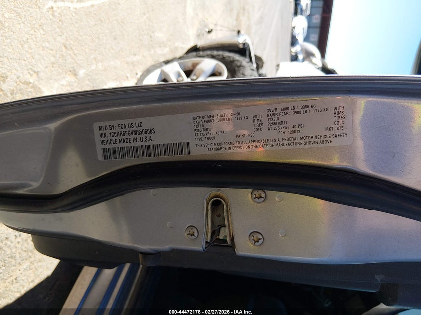 2021 RAM 1500 CLASSIC 3.6L V-6 DOHC, VVT, (VIN: 1C6RR6FG4MS506663