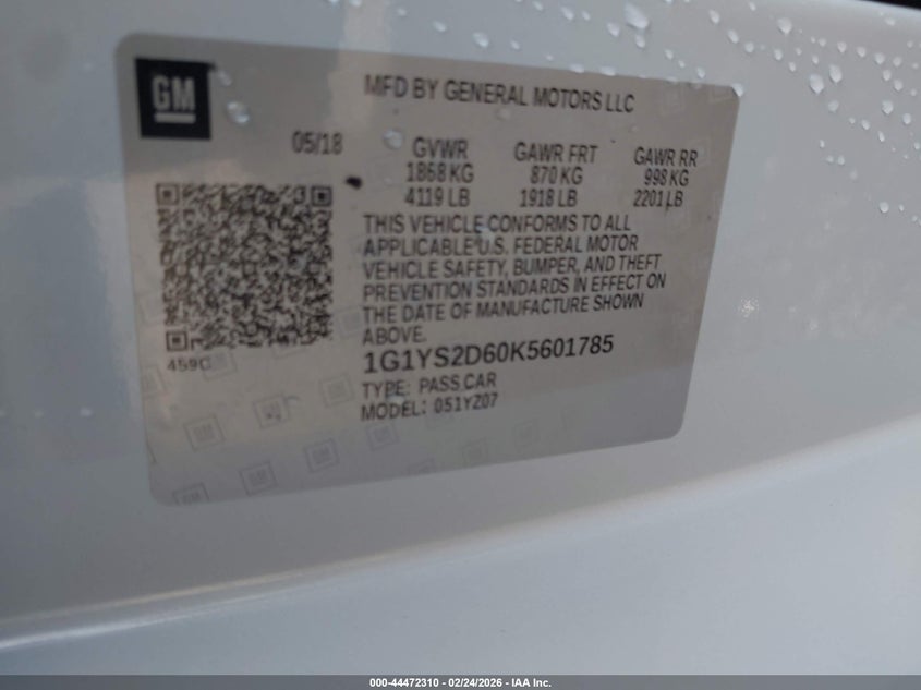 2019 Chevrolet Corvette Z06 VIN: 1G1YS2D60K5601785 Lot: 44472310