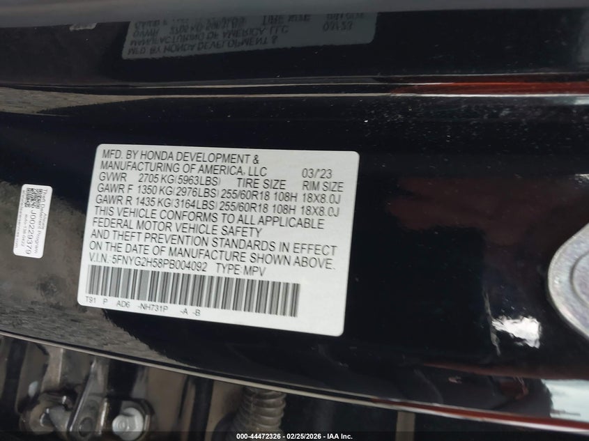 2023 HONDA PILOT 3.5L V-6 DI, DOHC, V(VIN: 5FNYG2H58PB004092