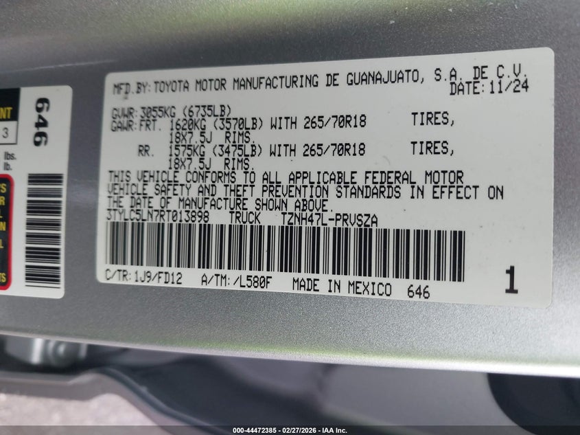 2024 TOYOTA TACOMA HYBRID 2.4L I-4 DI, DOHC, V(VIN: 3TYLC5LN7RT013898