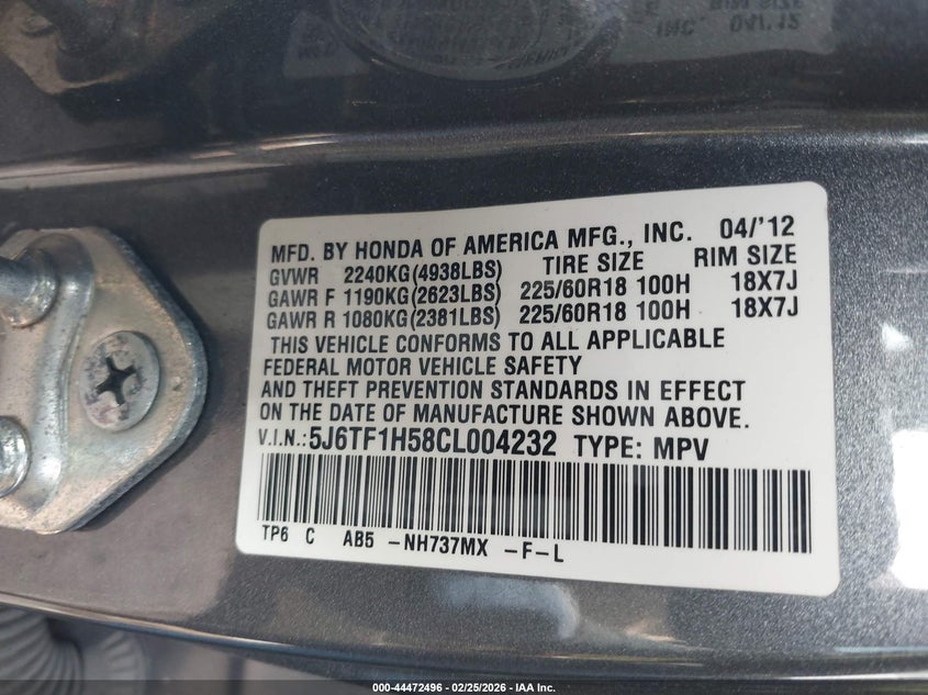 2012 Honda Crosstour Ex-L VIN: 5J6TF1H58CL004232 Lot: 44472496