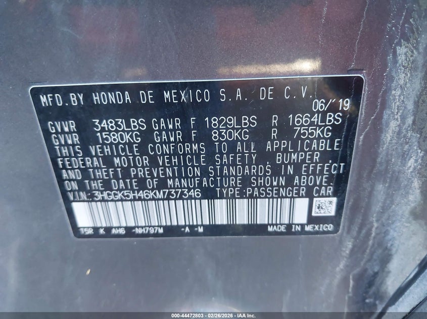 VIN 3HGGK5H46KM737346 2019 HONDA FIT LX
