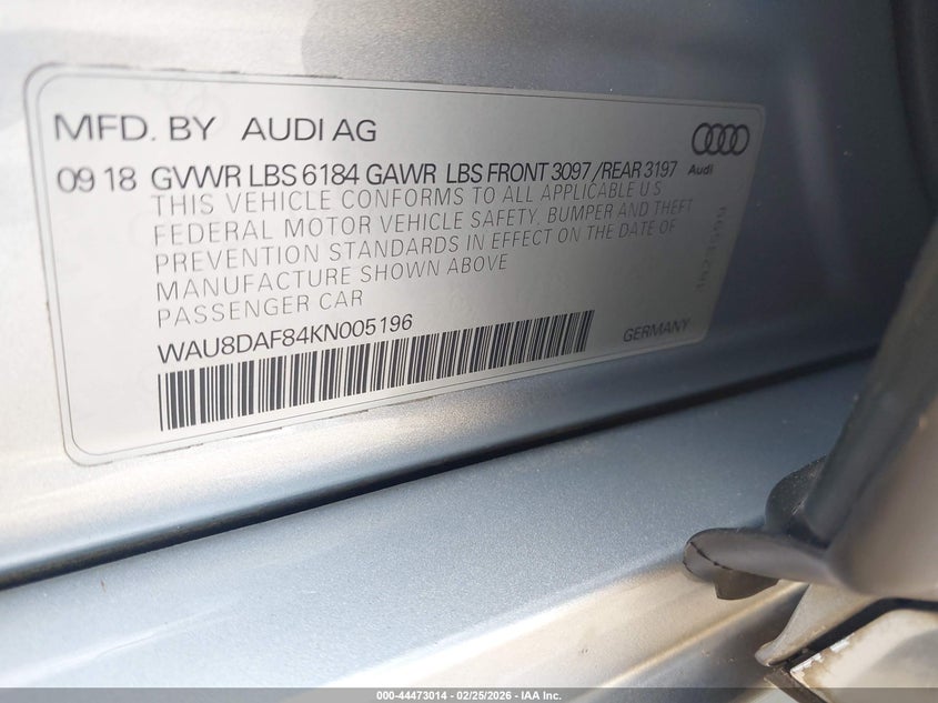 2019 Audi A8 L 55 VIN: WAU8DAF84KN005196 Lot: 44473014