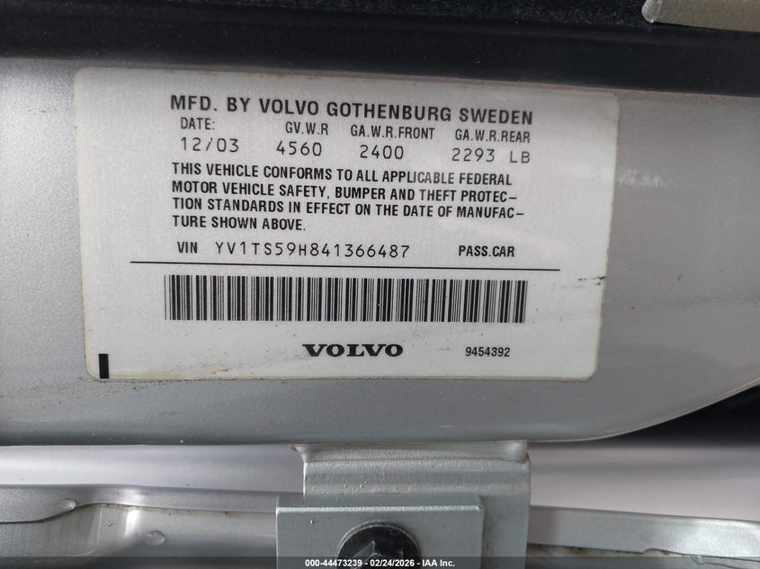 2004 Volvo S80 2.5T VIN: YV1TS59H841366487 Lot: 44473239