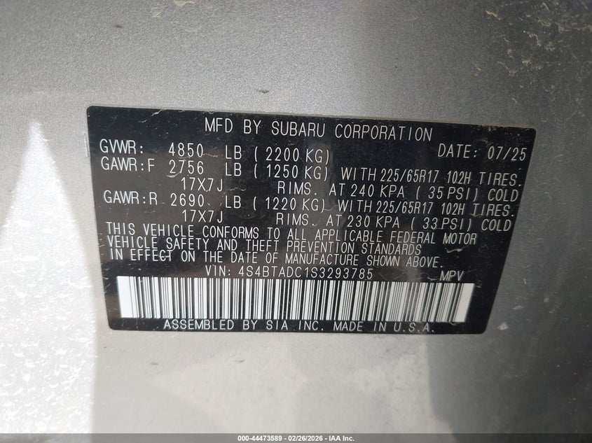 2025 Subaru Outback 2.5 Premium silver Lot 111044473589 Vin 4S4BTADC1S3293785