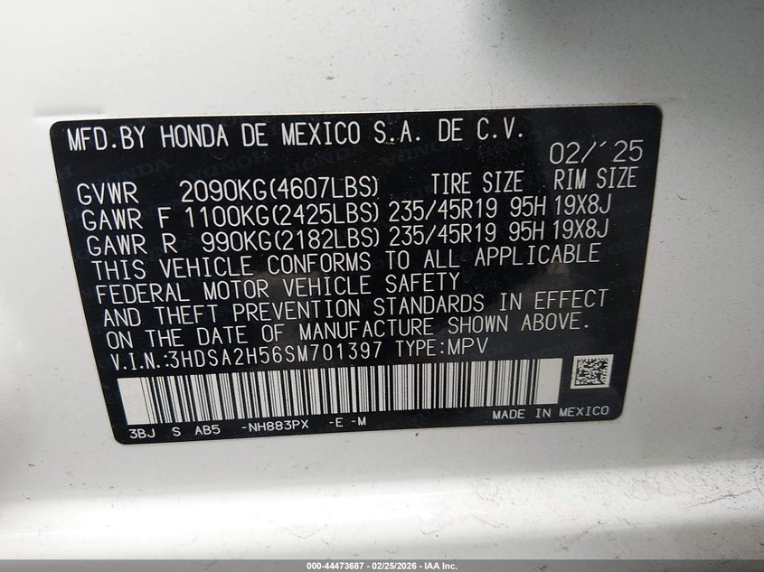 2025 Acura Adx A-Spec VIN: 3HDSA2H56SM701397 Lot: 44473687