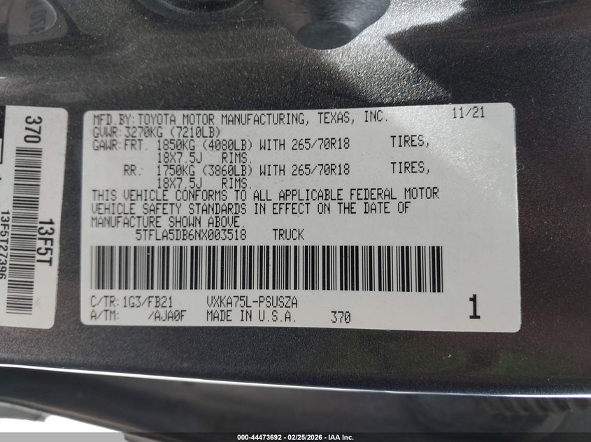 2022 Toyota Tundra Sr5 VIN: 5TFLA5DB6NX003518 Lot: 44473692