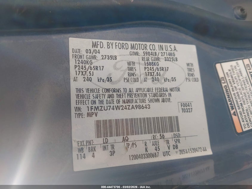2004 Ford Explorer Eddie Bauer VIN: 1FMZU74W24ZA98643 Lot: 44473700