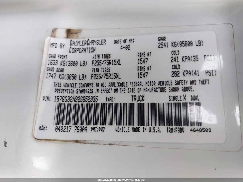 2002 Dodge Dakota Sport VIN: 1B7GG32N92S652935 Lot: 44474036