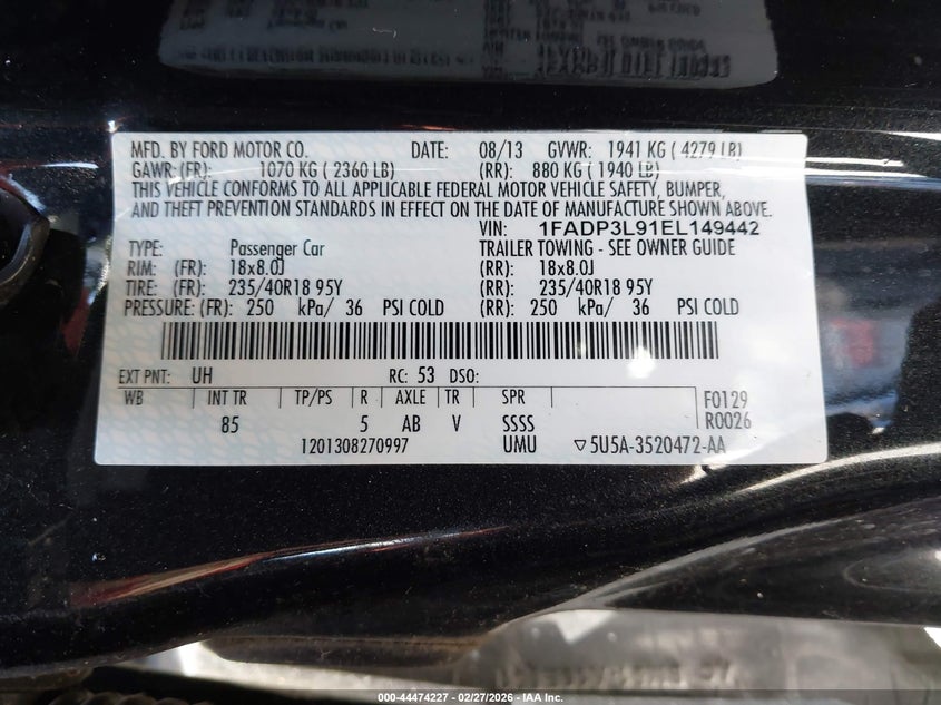 2014 Ford Focus St VIN: 1FADP3L91EL149442 Lot: 44474227