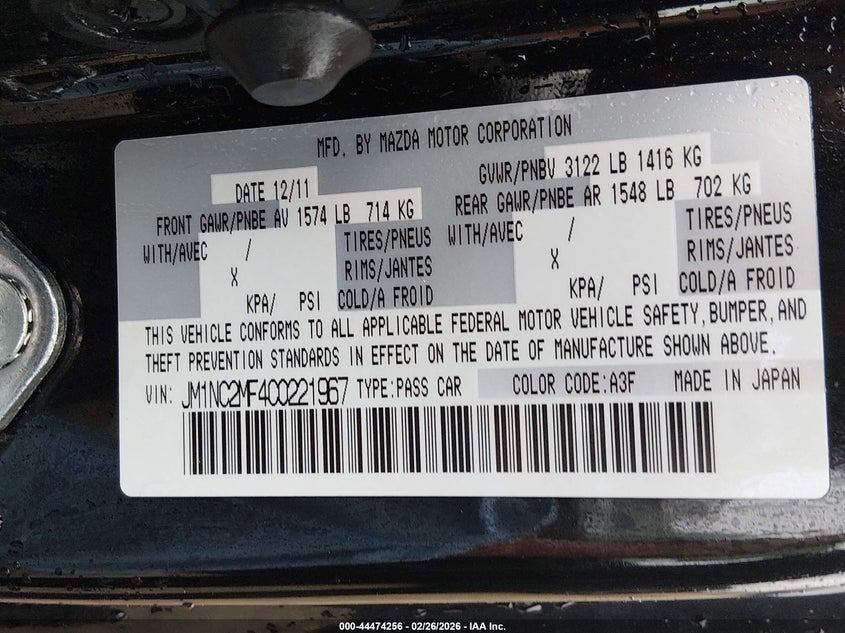 2012 Mazda Mx-5 Miata Touring VIN: JM1NC2MF4C0221967 Lot: 44474256