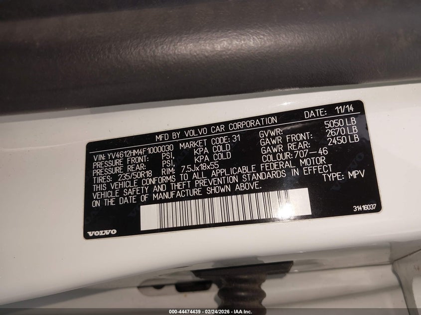 2015 Volvo V60 Cross Country T5 Platinum VIN: YV4612HM4F1000030 Lot: 44474439