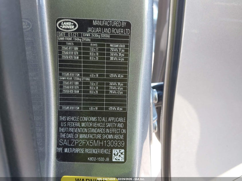 2021 Land Rover Range Rover Evoque Se VIN: SALZP2FX5MH130939 Lot: 44474509