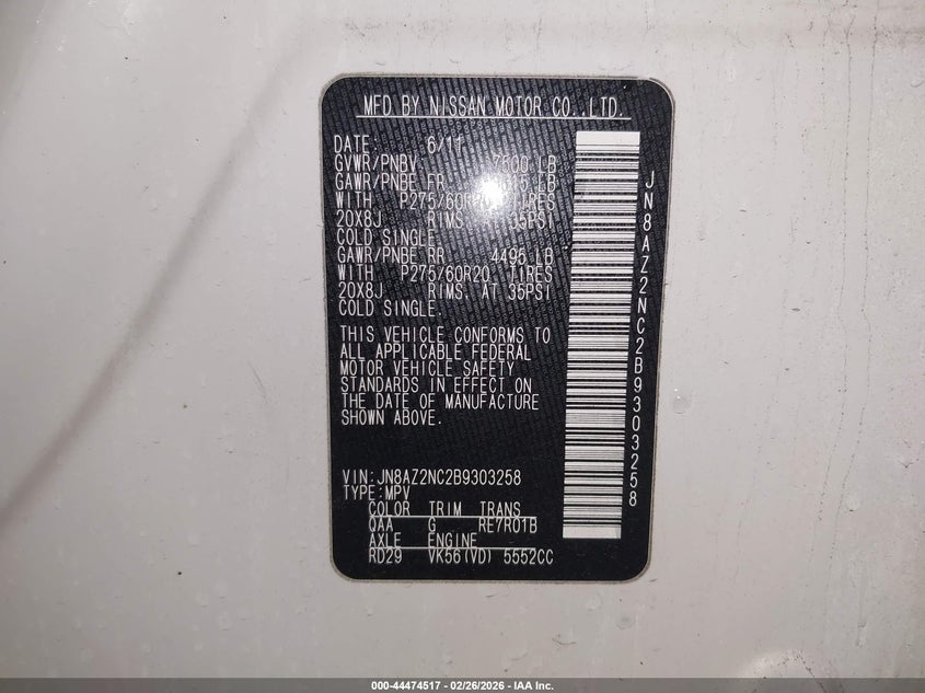 2011 Infiniti Qx56 VIN: JN8AZ2NC2B9303258 Lot: 44474517