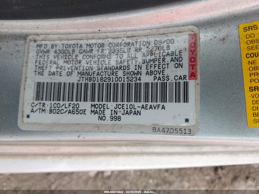 2001 Lexus Is 300 VIN: JTHBD182910015234 Lot: 44474542