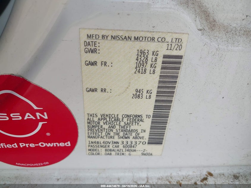 2021 Nissan Altima Sv Fwd VIN: 1N4BL4DV3MN333370 Lot: 44474679