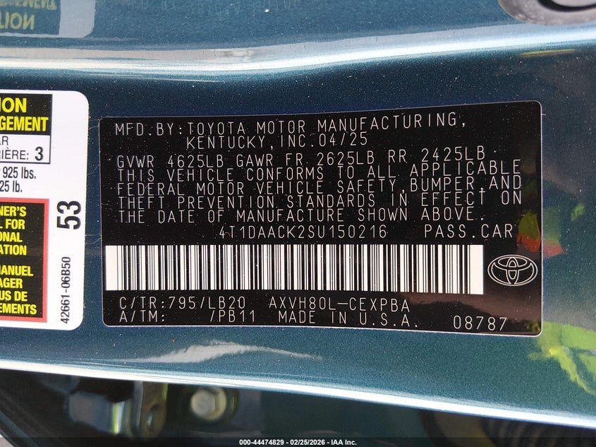 2025 TOYOTA CAMRY 2.5L I-4 DI, DOHC, V(VIN: 4T1DAACK2SU150216