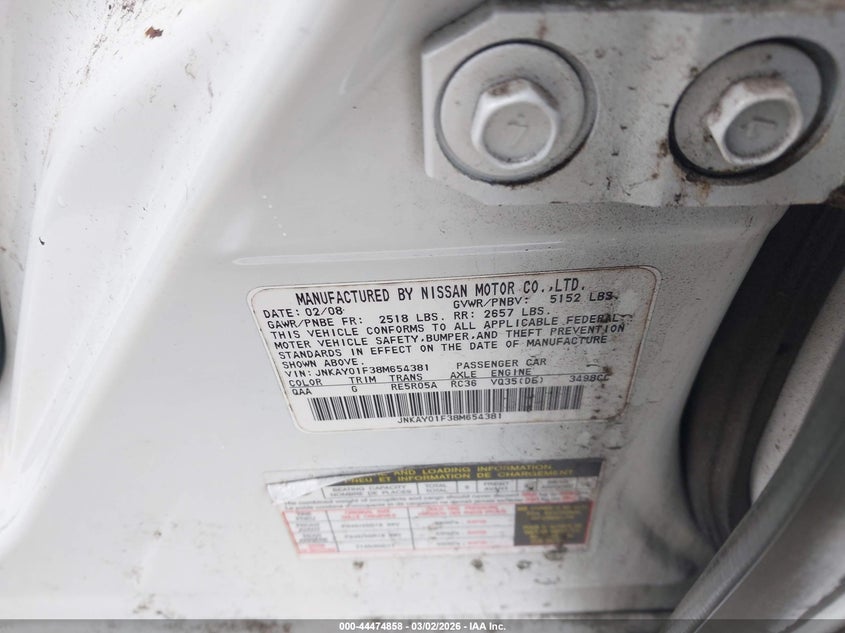 2008 Infiniti M35X VIN: JNKAY01F38M654381 Lot: 44474858