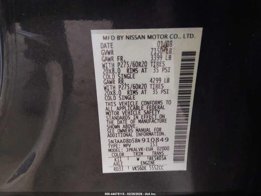 2008 Infiniti Qx56 VIN: 5N3AA08D58N910849 Lot: 44475115