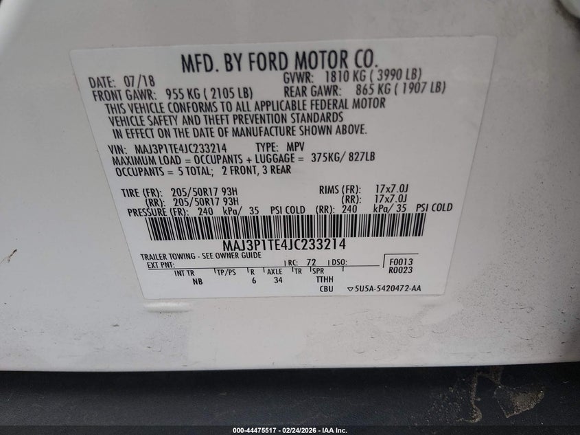 VIN MAJ3P1TE4JC233214 2018 FORD ECOSPORT SE