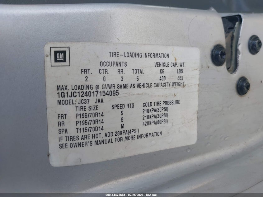 2001 Chevrolet Cavalier VIN: 1G1JC124017154095 Lot: 44475684