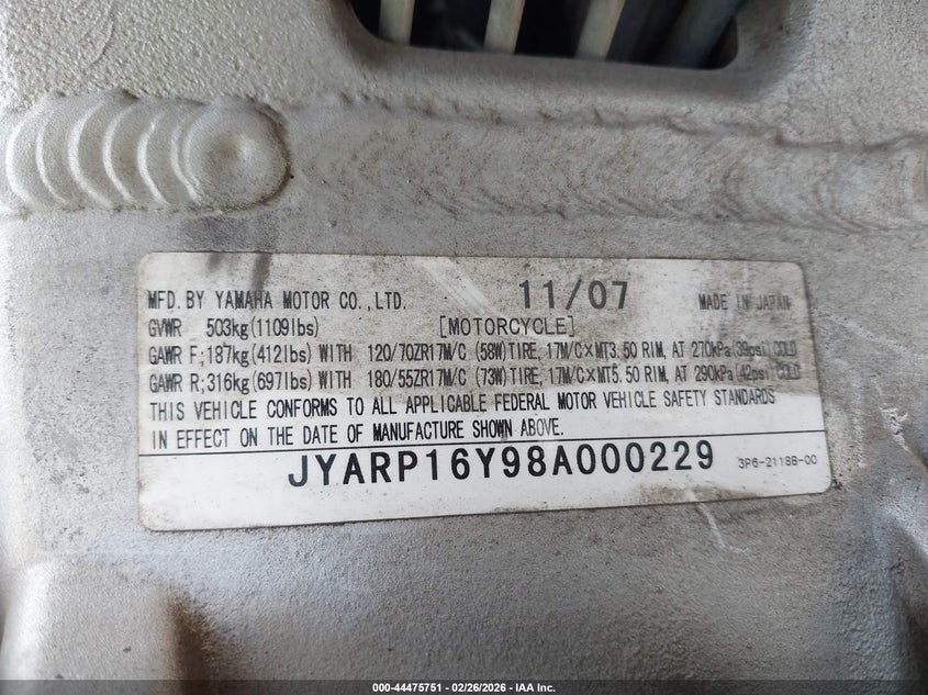 2008 Yamaha Fjr1300 As VIN: JYARP16Y98A000229 Lot: 44475751