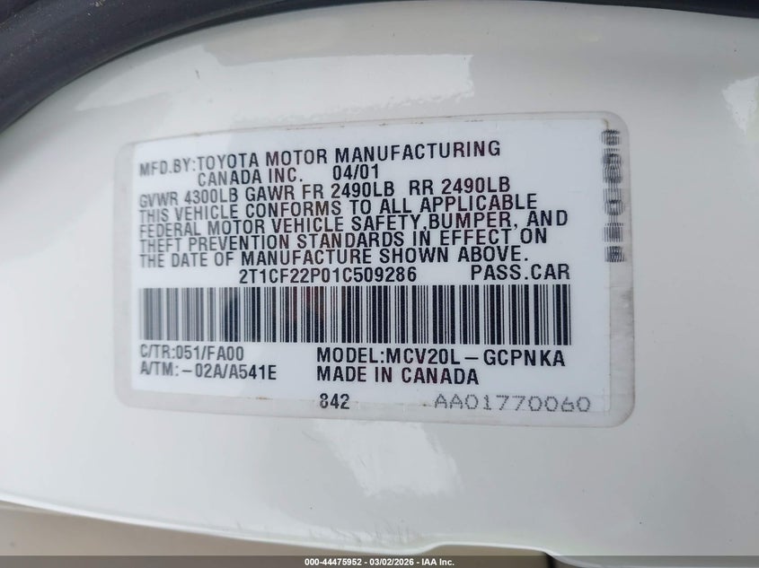 2001 Toyota Camry Solara Se V6 VIN: 2T1CF22P01C509286 Lot: 44475952