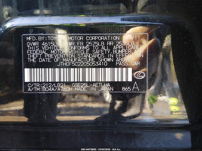 2012 Lexus Is 2.5 Is 250 black Lot 111044476695 Vin JTHCF5C22C5053410