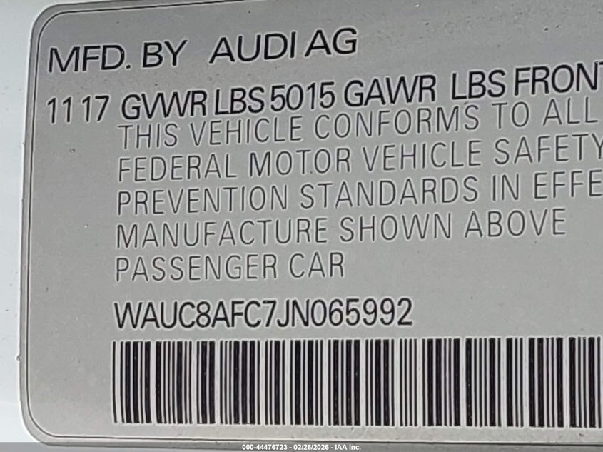 WAUC8AFC7JN065992 2018 Audi A6 2.0 2.0T Premium 2.0T Sport white