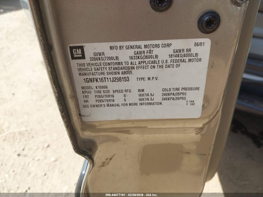 2001 Chevrolet Suburban 1500 Ls VIN: 1GNFK16T11J298153 Lot: 44477191